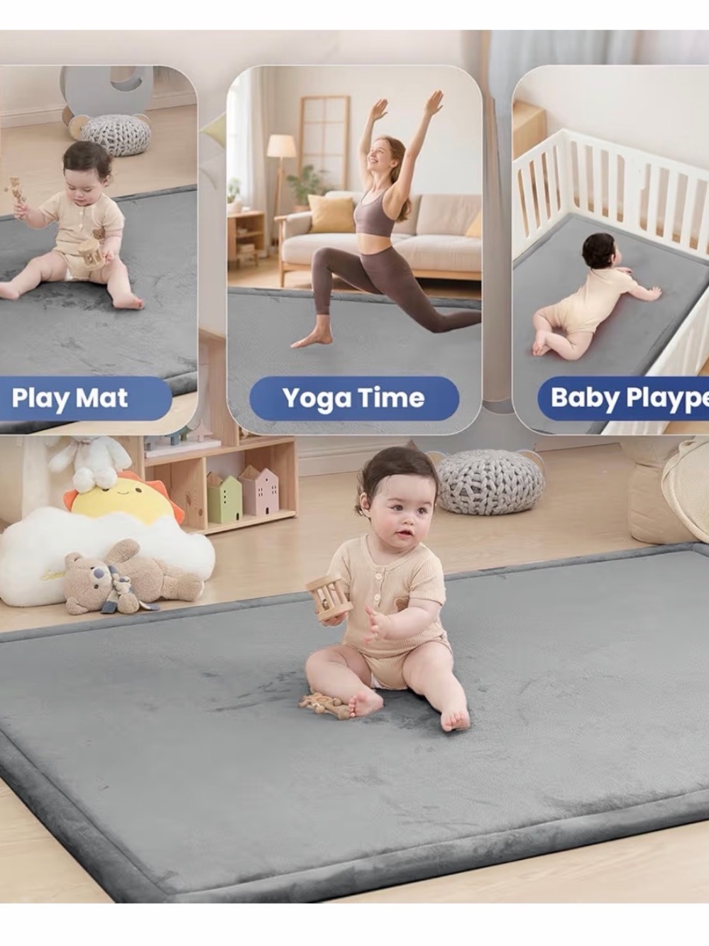 Huloo Plush Gray Kids Play Mat - Soft Floor Cushion for Baby Play & Yoga